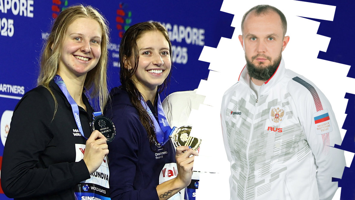 Пловчихи Кейт Дугласс и Евгения Чикунова, тренер сборной России по плаванию Андрей Шишин