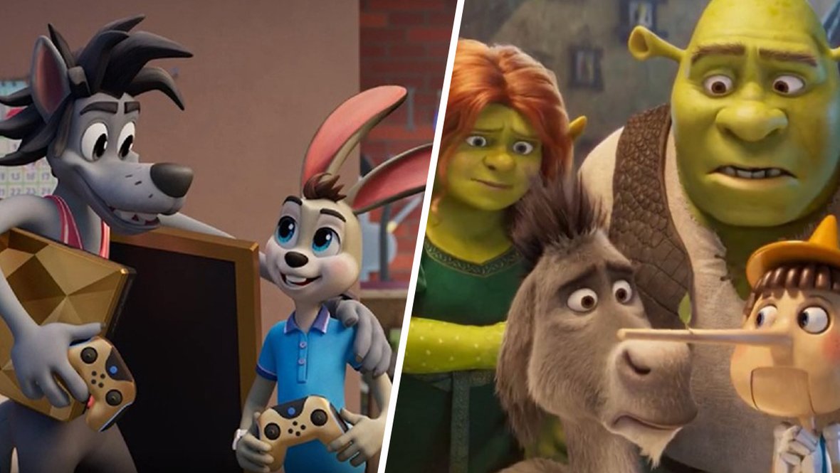 Кадры из мультфильмов «Ну, Погоди! Каникулы», реж. Андрей Жидков, Максим Волков, Алексей Игнатов, Союзмультфильм; «Шрэк-5», реж. Уолт Дорн, Конрад Вернон, Брэд Эблесон, DreamWorks Animation