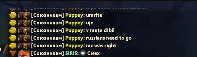 Скрин чата с высказываниями Puppey.