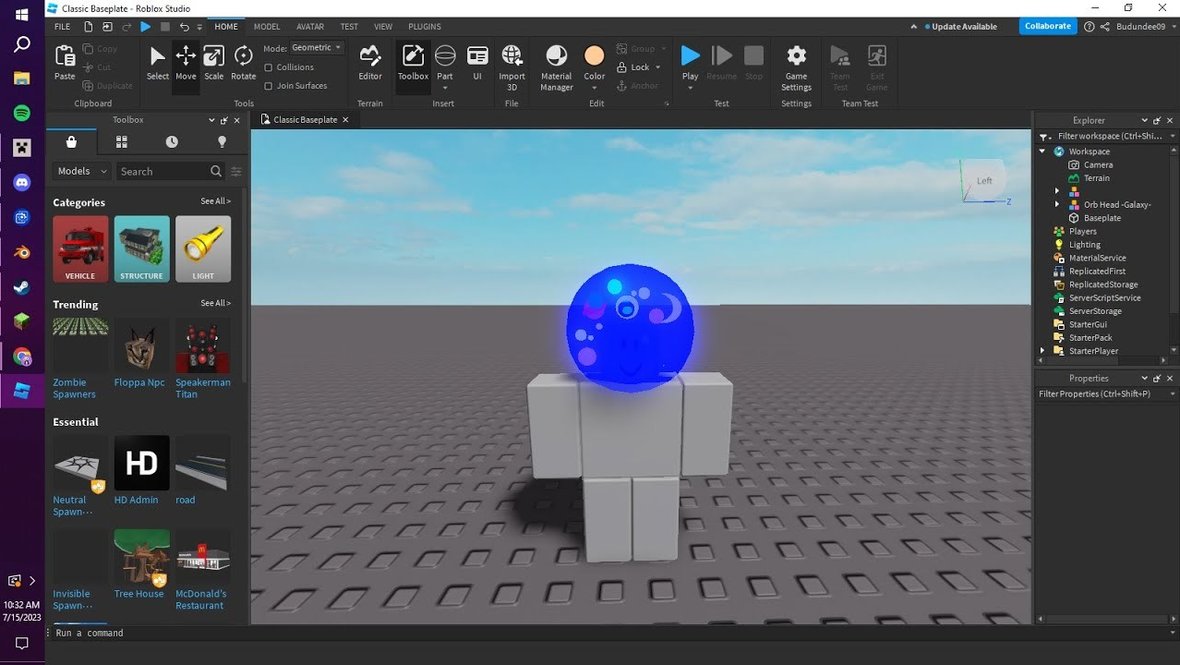 Интерфейс в Roblox Studio.