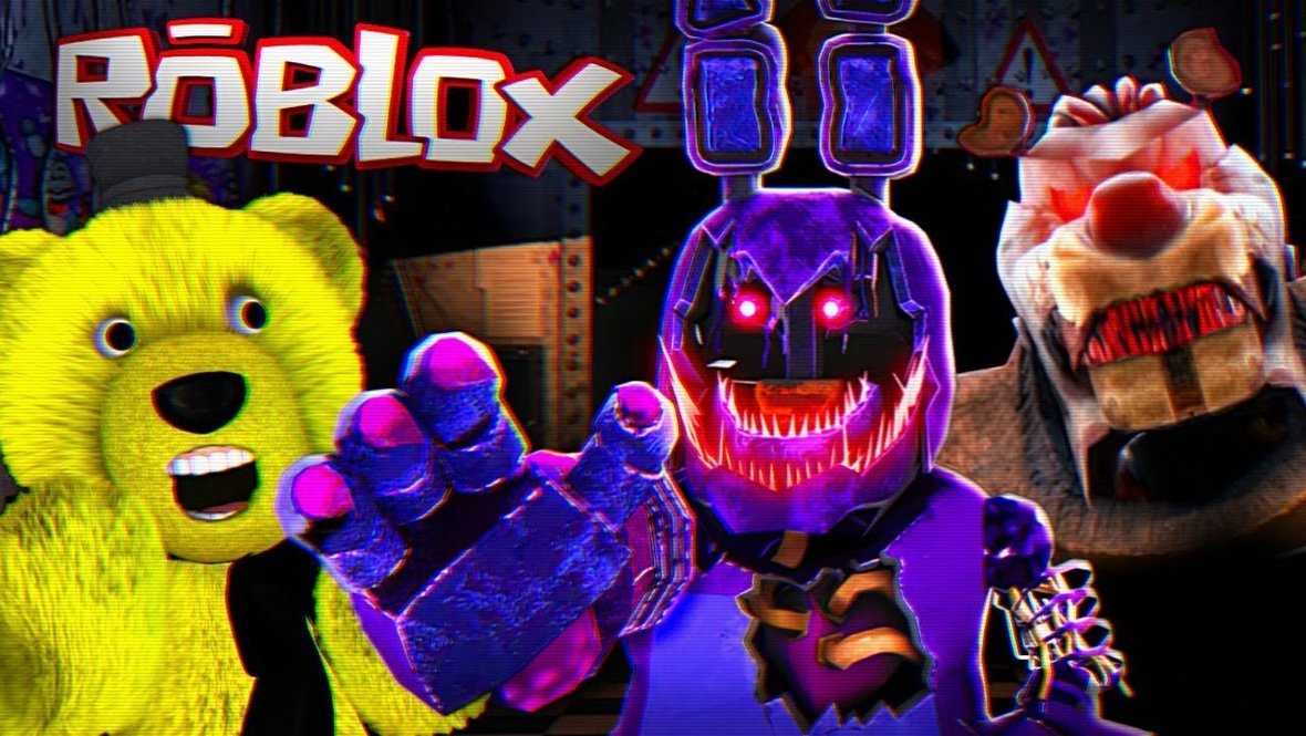Персонажи из FNAF в плейсе Роблокс.