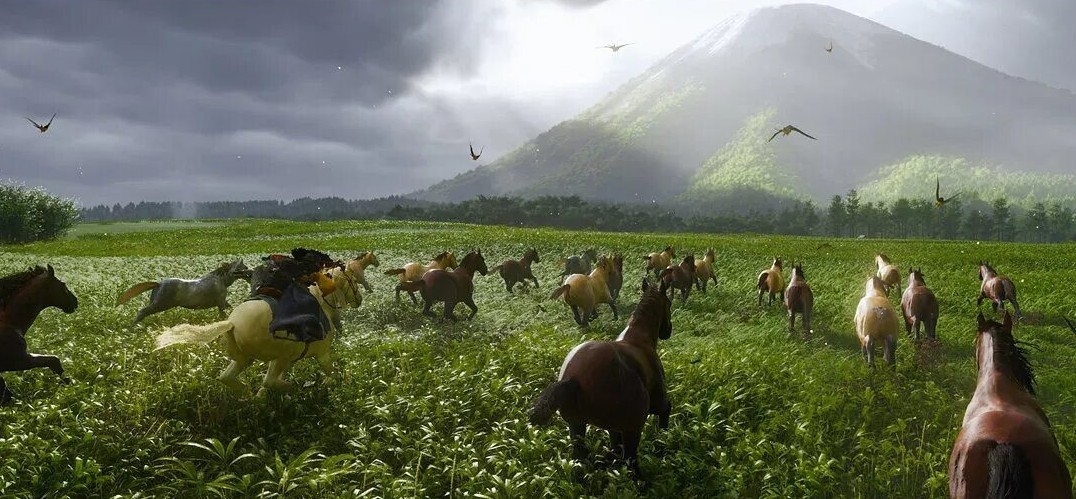 Табун лошадей на фоне вулкана Йотей.