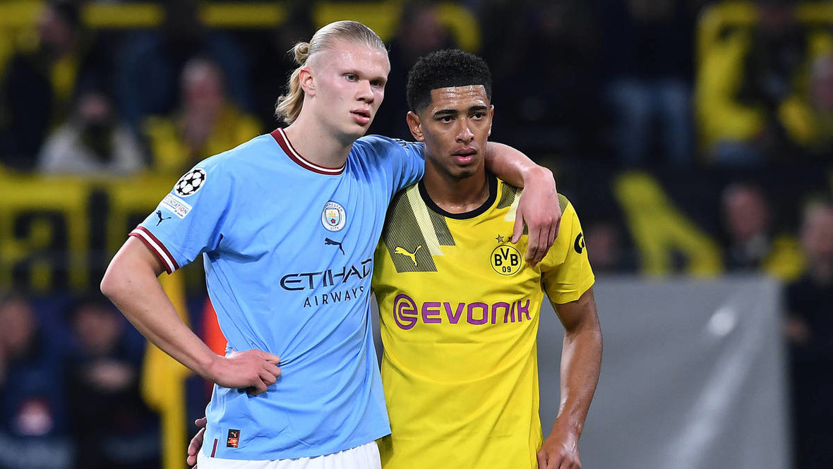 Эрлин Холанн и Джуд Беллингем в матче «Боруссия» Дортмунд — «Манчестер Сити».