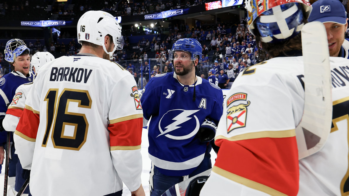 Чемпионы из «Тампы» и «Флориды» Андрей Василевский и Никита Кучеров с Александром Барковым и Сергеем Бобровским.