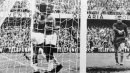 29 июня 1958 года. Стокгольм. Стадион "Росунда". Финал ЧМ-58. Бразилия - Швеция - 5:2. Очередной мяч в воротах шведского вратаря Карла СВЕНССОНА. Автор гола ВАВА (№ 20) в объятиях ПЕЛЕ.