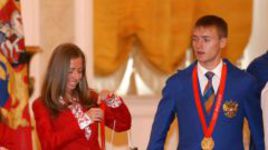 30 августа 2008 года. Москва. Олимпийские чемпионы Ольга КАНИСЬКИНА и Валерий БОРЧИН на президентском приеме.
