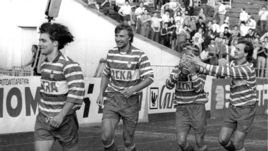 23 июня 1991 года. ЦСКА - обладатель Кубка СССР. Игорь КОРНЕЕВ, Сергей ДМИТРИЕВ, Валерий БРОШИН и Валерий МАСАЛИТИН (слева направо).