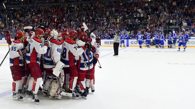 Понедельник. Санкт-Петербург. СКА - ЦСКА - 3:4 ОТ. Радость игроков гостей. Фото Юрий КУЗЬМИН, photo.khl.ru