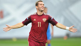 4 сентября 2014 года. Химки. Россия - Азербайджан - 4:0. Александр КЕРЖАКОВ радуется рекордному, 27-му голу в составе национальной команды.