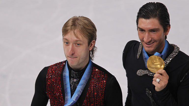 18 февраля 2010 года. Ванкувер. Евгений ПЛЮЩЕНКО и Эван ЛАЙСАЧЕК. Фото Александр ВИЛЬФ