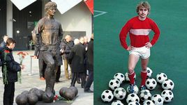 Памятник Федору Черенкову и фотография 1983 года, по которой он сделан.