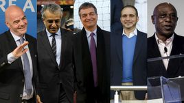 Кандидаты в президенты ФИФА. Джанни ИНФАНТИНО, шейх Салман бин Ибрахим АЛЬ-ХАЛИФА, Жером ШАМПАНЬ, принц Али бин АЛЬ-ХУСЕЙН, Токио СЕКСВАЛЕ (слева направо).