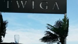 Бокал шампанского на фоне надписи Twiga.