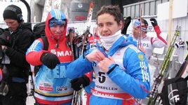 16 марта 2013 года. Хоменколлен. Рето БУРГЕРМАЙСТЕР (слева) и Илья ЧЕРНОУСОВ на этапе Кубка мира.