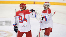 Сегодня. Хельсинки. Чехия - Россия - 0:3. Илья СОРОКИН (справа) и Андрей МИРОНОВ.