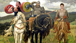 Справа налево: русский витязь Александр Поветкин, русский богатырь (возможно, первый на Руси допингист) Илья Муромец и еще один русский богатырь, Алексей Ловчев, который въехал на должность советника губернатора на белом коне.