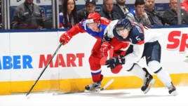 Сегодня. Торонто. Россия - Словакия - 2:0. Российский форвард Денис ГУРЬЯНОВ (слева) в борьбе с соперником.