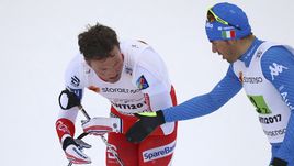 Сегодня. Лахти. Федерико ПЕЛЛЕГРИНО (справа) и Эмиль ИВЕРСЕН после финиша.