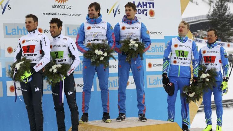 Призеры командного спринта (слева направо): Дитмар НЕКЛЕР и Федерико ПЕЛЛЕГРИНО (Италия) - серебро, Сергей УСТЮГОВ и Никита КРЮКОВ (Россия) - золото, Иво НИСКАНЕН и Сами ЯУХОЯРВИ (Финляндия) - бронза. Фото REUTERS Призеры командного спринта (слева направо): Дитмар НЕКЛЕР и Федерико ПЕЛЛЕГРИНО (Италия) - серебро, Сергей УСТЮГОВ и Никита КРЮКОВ (Россия) - золото, Иво НИСКАНЕН и Сами ЯУХОЯРВИ (Финляндия) - бронза. Фото REUTERS